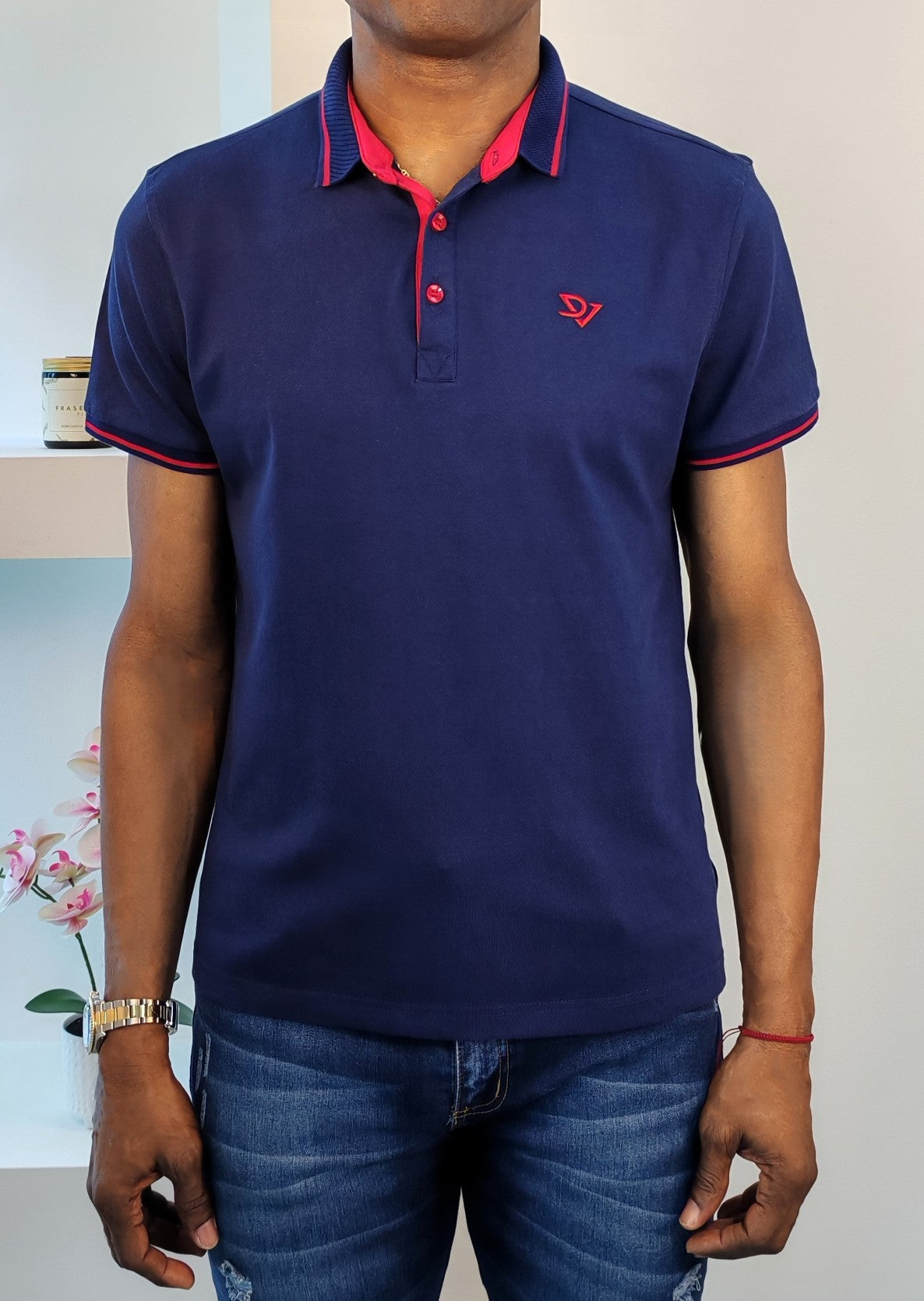 Polo Bicolor Bordado Azul Marino